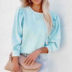 Fate Puff Sleeve Crewneck Sweatshirt XS- washed blue